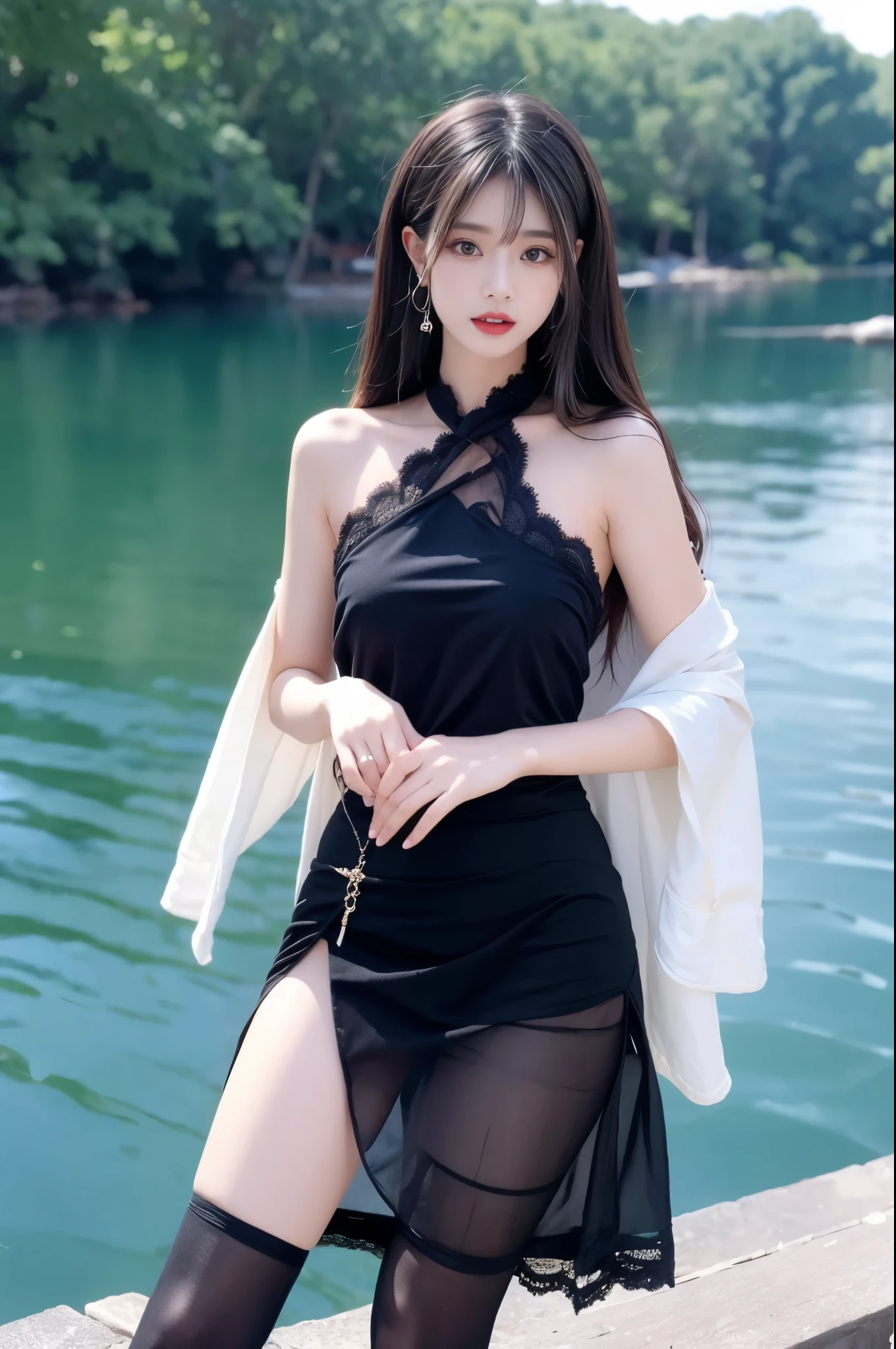 sheer skirt,sheer dress,sheer jacket,比基尼 ((Bare shoulder)), Double eyelids，Skin Whitening，Long hair，Whitening long legs，Standing by the sea, Fashion Girl, Red lips, Sweet Girl, Beautiful makeup, detail, lifelike, Very detailed, Astonishing, beautiful, Young and energetic, high quality，HD, Colorful， Beautifully, Smooth skin, The skirt is very short, Official Art, Extremely detailed, Movie atmosphere, Soft colors, Natural skin texture, Random scene, random shooting Angle, Black over-the-knee socks, lace hem