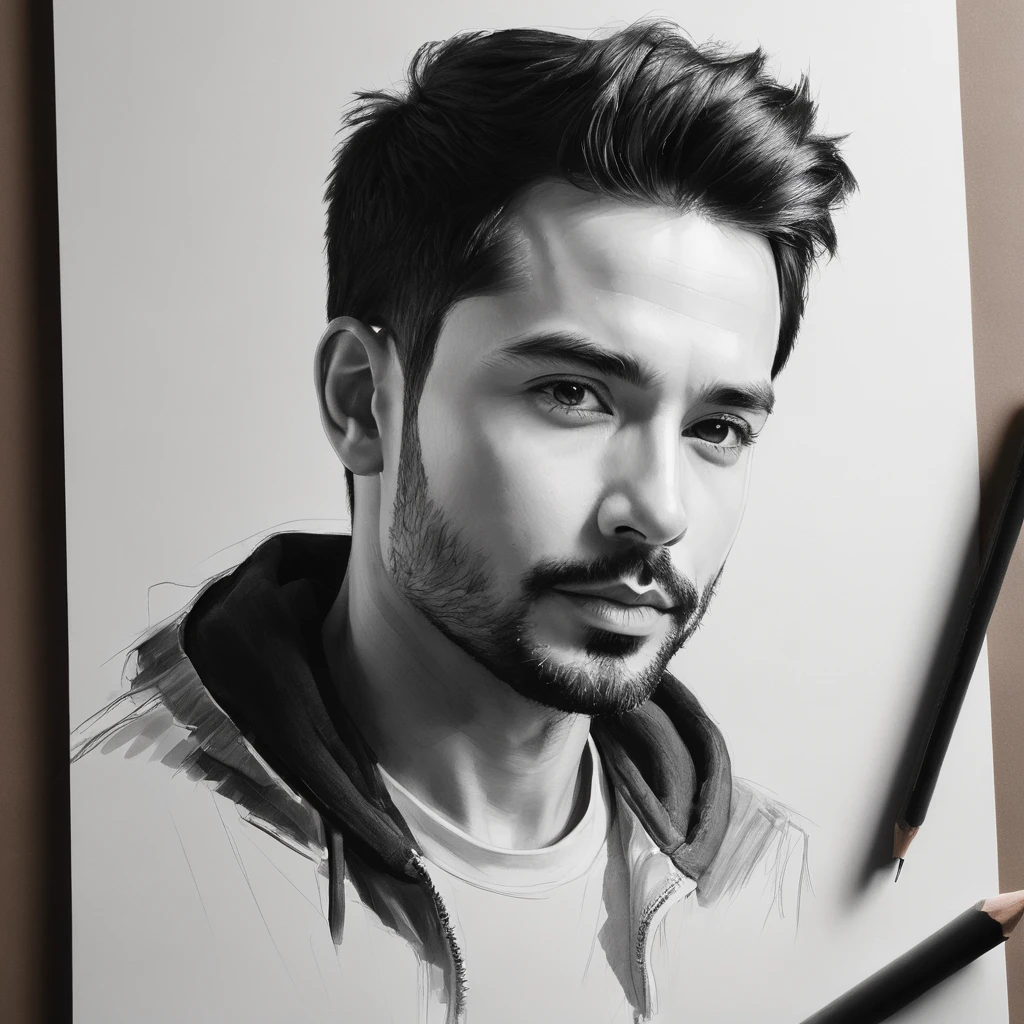(Simplicity:1.5),Portrait,(Draw a black and white sketch),simple elements,1 man,35 years old, There's a light on the face., There is light in the eyes,Appliance repair technician shirt