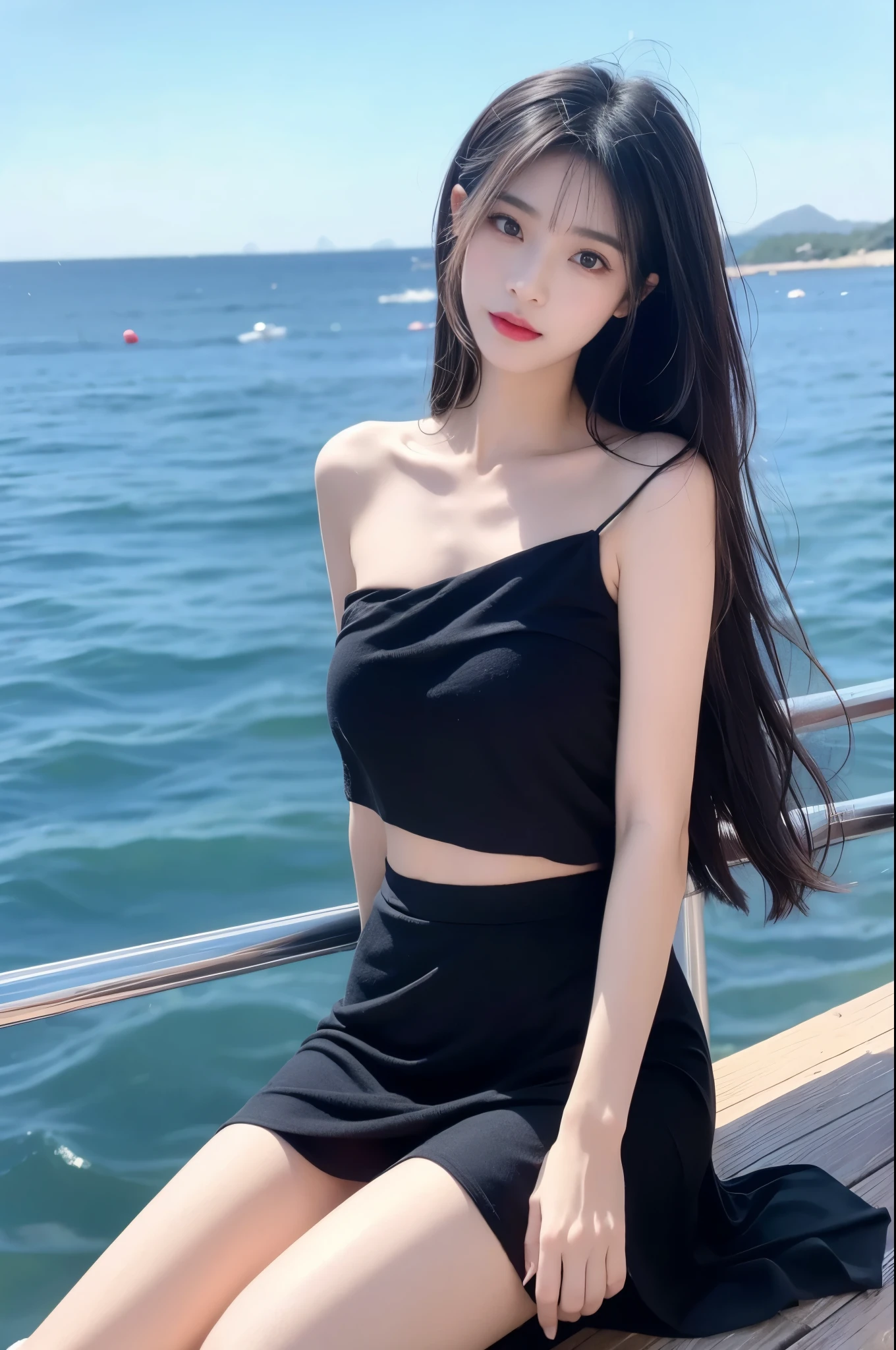 sheer skirt,sheer dress,sheer jacket,比基尼 ((Bare shoulder)), Double eyelids，Skin Whitening，Long hair，Whitening long legs，Standing by the sea, Fashion Girl, Red lips, Sweet Girl, Beautiful makeup, detail, lifelike, Very detailed, Astonishing, beautiful, Young and energetic, high quality，HD, Colorful， Beautifully, Smooth skin, The skirt is very short, Official Art, Extremely detailed, Movie atmosphere, Soft colors, Natural skin texture, Random scene, random shooting Angle, Black over-the-knee socks, lace hem