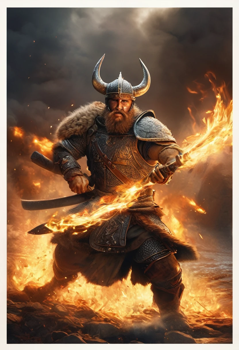 (Award-winning masterpiece:1.5), (incredible detail), (hyper realistic:1.4), (whole body:1.7), (viking warrior charging with a torch), (brutal creature trying to shield itself), (fire reflecting in the creature's eyes), (detailed combat scene), (dramatic lighting), (intricate details:1.1)