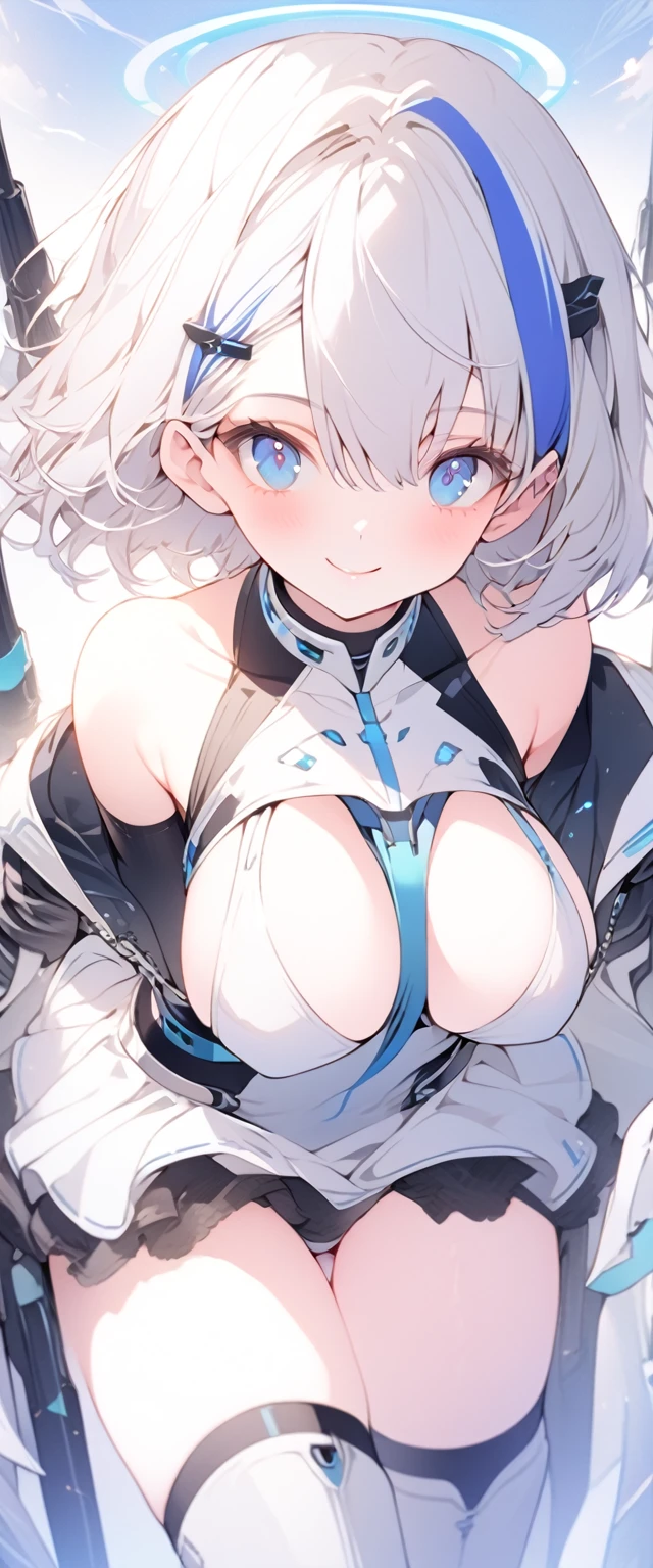 beautiful, masterpiece, Highest quality, anime, One girl, C Cup,Portrait Shot, View your viewers, Covered、Short Hair、nearby、Blue Eyes、art、、White hair,Blue streaked hair、wallpaper、hairpin、Cute smile、Thighs、、Sci-fi hair accessories、Sci-fi knee-high boots、Cute、Sci-fi underskirt、Sci-fi combat uniform、blue sky、Beautiful 、Sci-fi full harness、valley、Armament