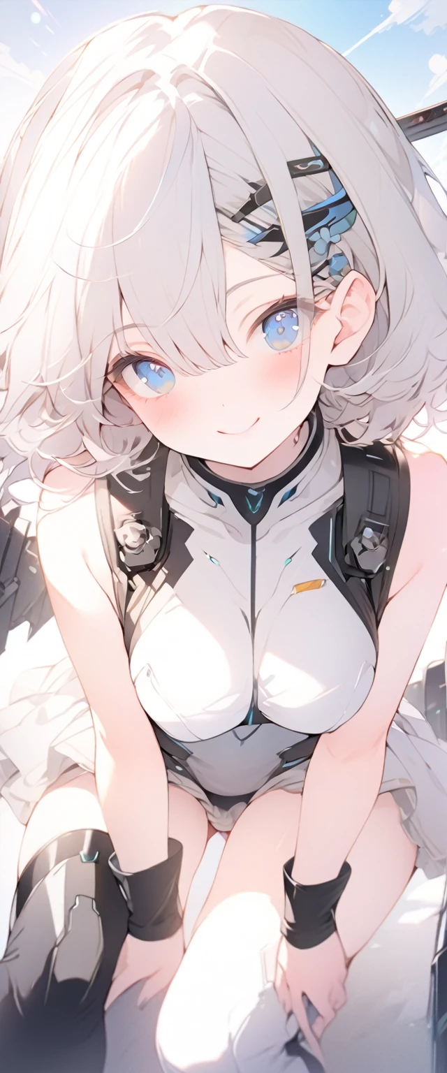 beautiful, masterpiece, Highest quality, anime, One girl, C Cup,Portrait Shot, View your viewers, Covered、Short Hair、nearby、Blue Eyes、art、、White hair,Blue streaked hair、wallpaper、hairpin、Cute smile、Thighs、、Sci-fi hair accessories、Sci-fi knee-high boots、Cute、Sci-fi underskirt、Sci-fi combat uniform、blue sky、Beautiful breasts、Sci-fi full harness、valley、Armament