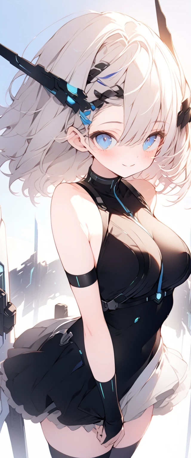 beautiful, masterpiece, Highest quality, anime, One girl, C Cup,Portrait Shot, View your viewers, Covered、Short Hair、nearby、Blue Eyes、art、、White hair,Blue streaked hair、wallpaper、hairpin、Cute smile、Thighs、、Sci-fi hair accessories、Sci-fi knee-high boots、Cute、Sci-fi underskirt、Sci-fi combat uniform、blue sky、Beautiful breasts、Sci-fi full harness、valley、Armament