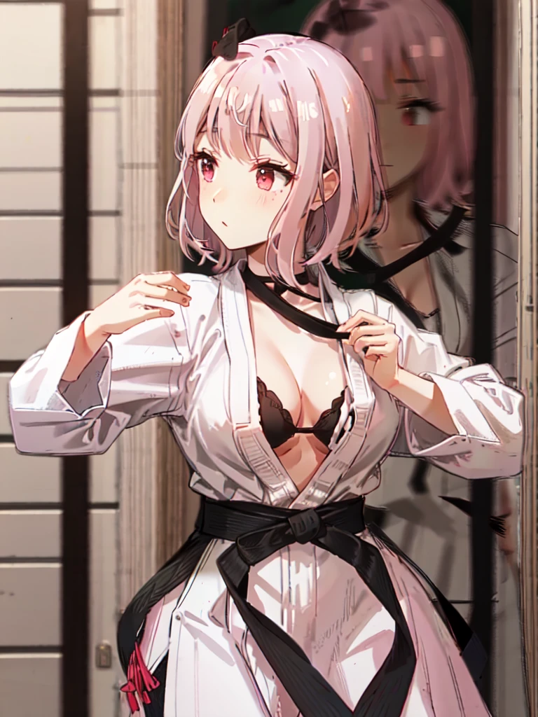 karate、dojo、The gi is 、are fighting、The  is fluttering、 is slightly visible、I can see the 、I can see your 、I can see the side、Pink Hair、Medium Hair、Black ribbon