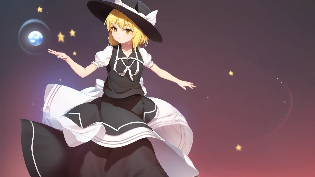 1girl, , , masterpiece, best quality, 10 years old, medium blonde hair, forehead visible bags, yellow eyes, hat, heart, black headwear, puffy short sleeves, log black skirt, heart hads,,1girl, solo, yellow eyes, yellow hair, bow, hat bow, socks, black footwear, black skirt, short sleeves, yuki (touhou), black vest, white sleeves, frill skirt, light smile