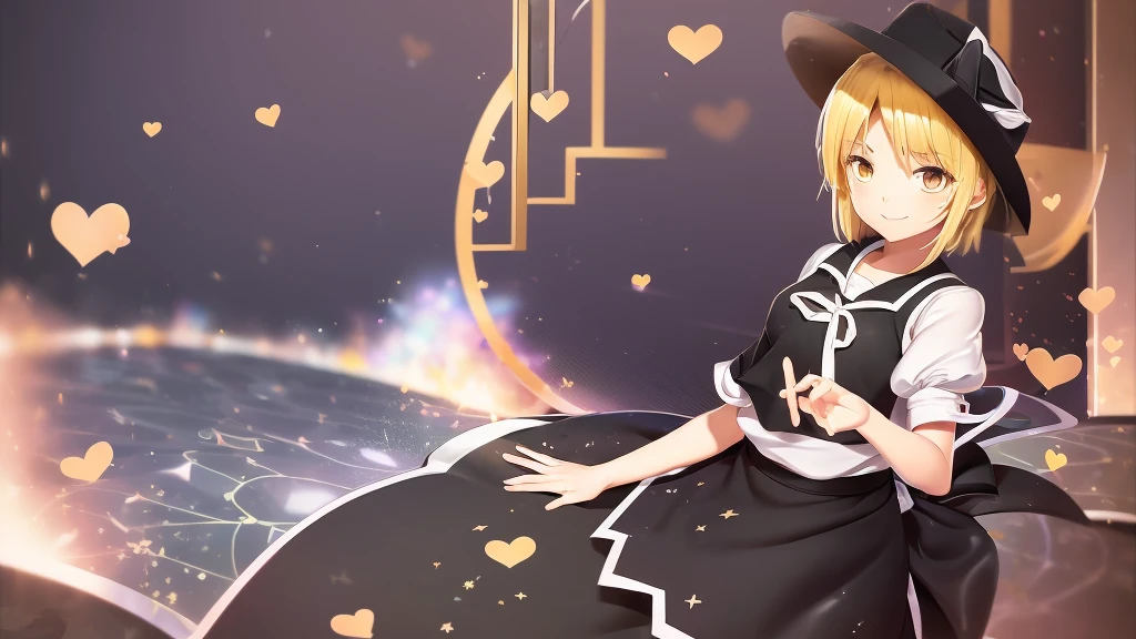 1girl, , , masterpiece, best quality, , medium blonde hair, forehead visible bags, yellow eyes, hat, heart, black headwear, puffy short sleeves, log black skirt, heart hads,,1girl, solo, yellow eyes, yellow hair, bow, hat bow, socks, black footwear, black skirt, short sleeves, yuki (touhou), black vest, white sleeves, frill skirt, light smile