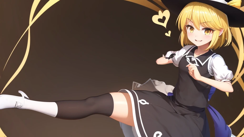 1girl, , , masterpiece, best quality, 10 years old, medium blonde hair, forehead visible bags, yellow eyes, hat, heart, black headwear, puffy short sleeves, log black skirt, heart hads,,1girl, solo, yellow eyes, yellow hair, bow, hat bow, socks, black footwear, black skirt, short sleeves, yuki (touhou), black vest, white sleeves, frill skirt, light smile