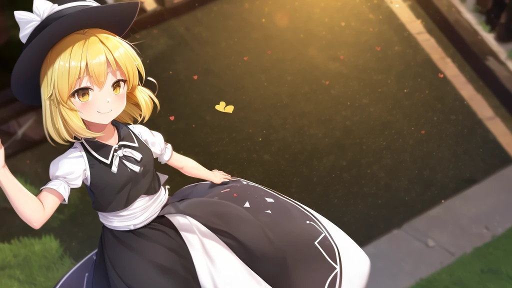 1girl, , , masterpiece, best quality, 10 years old, medium blonde hair, forehead visible bags, yellow eyes, hat, heart, black headwear, puffy short sleeves, log black skirt, heart hads,,1girl, solo, yellow eyes, yellow hair, bow, hat bow, socks, black footwear, black skirt, short sleeves, yuki (touhou), black vest, white sleeves, frill skirt, light smile