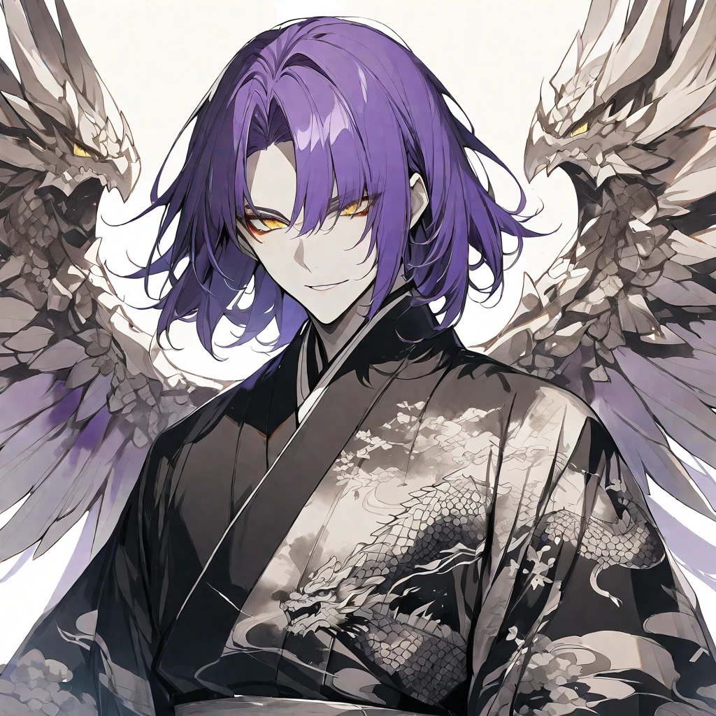 独奏,handsome, monotone,Watercolor,
1. male,
bangs,Straight Hair,Bob Hair,
purple hair, Gojo Satoru,angel wing,
yellow Eyes,Dragon Tattoo,
Black kimono,Japanese Pattern,
skin,Silver Accessories,doragon,
White background,