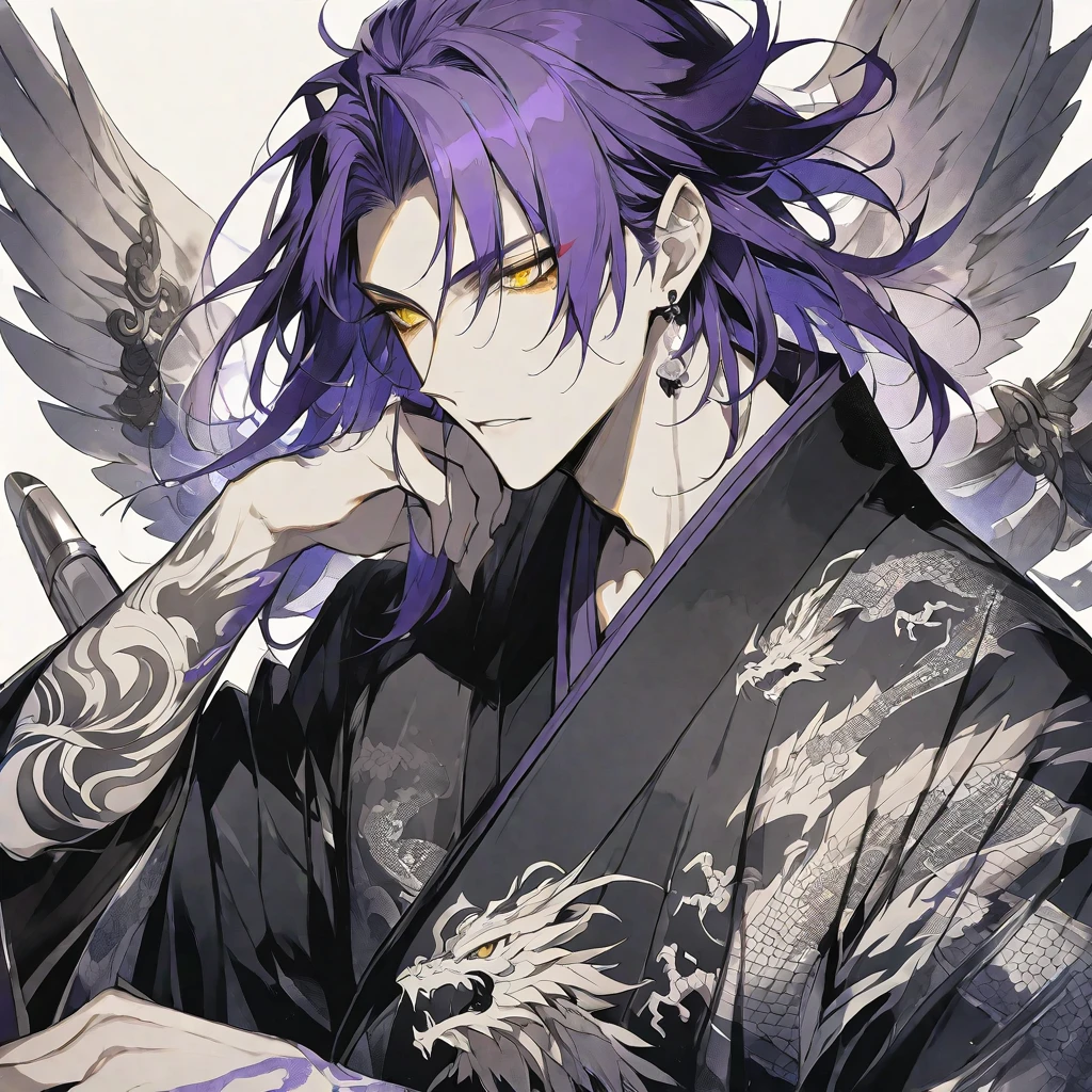 独奏,handsome, monotone,Watercolor,
1. male,
bangs,Straight Hair,Bob Hair,
purple hair, Gojo Satoru,angel wing,
yellow Eyes,Dragon Tattoo,
Black kimono,Japanese Pattern,
skin,Silver Accessories,doragon,
White background,