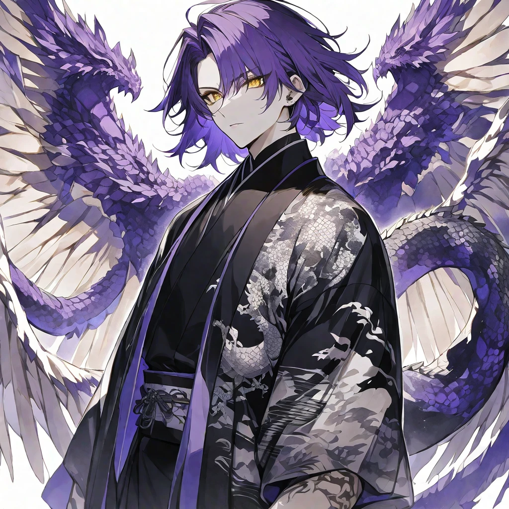 独奏,handsome, monotone,Watercolor,
1. male,
bangs,Straight Hair,Bob Hair,
purple hair, Gojo Satoru,angel wing,
yellow Eyes,Dragon Tattoo,
Black kimono,Japanese Pattern,
skin,Silver Accessories,doragon,
White background,