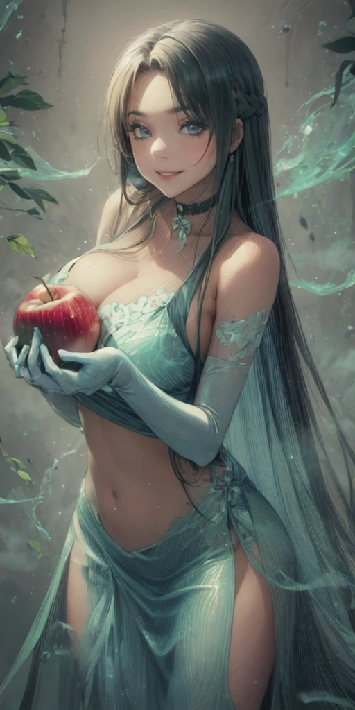 orange hair, fold, braid, long hair, orange eyes, curvy, anatomically correct, best quality, masterpiece, high quality, high details, highres, HD, fruit, food, 1girl, apple, holding_apple, holding_fruit, solo, dress, breasts, holding, looking_at_viewer, white_dress, bare_shoulders, cleavage, choker, elbow_gloves, bokeh, large_breasts,, water drop, reflective, (fog:1.3), fireflies, hollow eyes, orange eyes, lips, smirk, upper teeth, cheek,