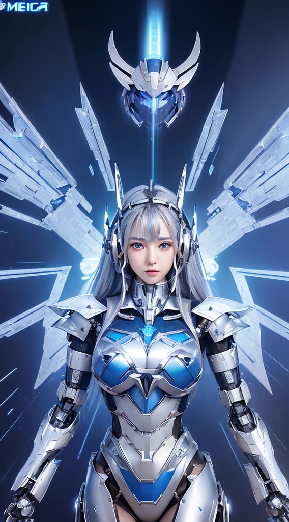((Intense action pose:1.6))、((Shining lenses on both breasts:1.3))、((Blue pillars of light are emanating from both chests.:1.3))、smile、((8K)), ((32k)), ((Highest quality)), ((masterpiece)), ((超A high resolution)), ((Tmasterpiece)), ((Halation:1.4))、((Mechaニカルheadgear:1.2))、((Cyber headphones:1.3))、Fine skin, High quality fabric, Fine metal texture、((Beautiful and dense face))、RAW Photos、Professional, Ultra-fine painting, ((alone)), Beautiful breasts、Highest quality, Very detailed, Very detailed詳細, Finer details, so beautiful, ((Princess Knight Robot:1.2)), (Joints of machines, Mechanical Limbs:1.3), (The internal structure of the machine is exposed:1.3), (Long silver hair:1.1), (Beautiful and huge mechanical breasts)、White Veil, cowboy_shot, Side Focus, headgear, Shiny、(Five Fingers, Four fingers and thumb),Concept Art, Anime fantasy artwork, Detailed fantasy art, (with pale blue-violet hair and large white wings,,,,,,,), (((Long silver hair))), (Mecha:1.6)、Sleek and intimidating design, ((Commander-in-Chief'arm)), (Perfect robot body)、純白と青紫armまたは, Symmetrical wings, 8K high quality, detailed art, 3D rendering of character art in 8K, neat legs, Defined, Defined fingers,