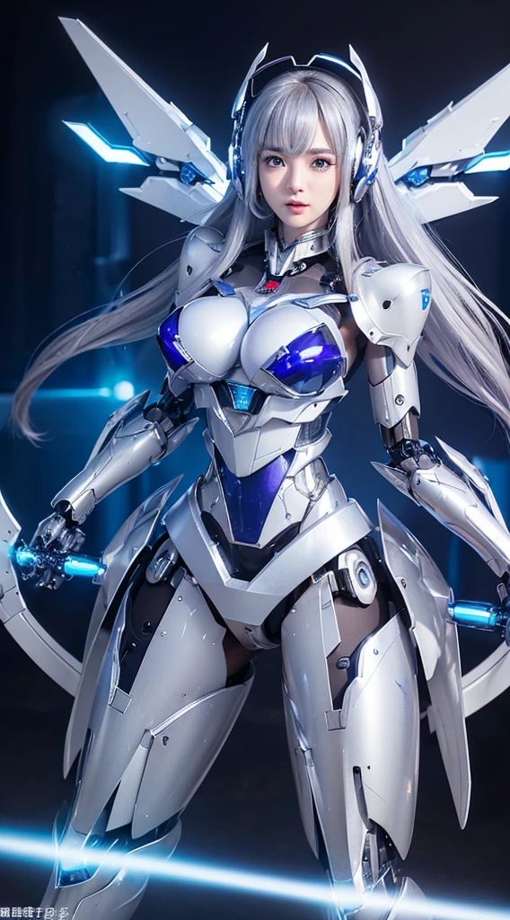((Intense action pose:1.6))、((Shining lenses on both breasts:1.3))、((Blue pillars of light are emanating from both chests.:1.3))、smile、((8K)), ((32k)), ((Highest quality)), ((masterpiece)), ((超A high resolution)), ((Tmasterpiece)), ((Halation:1.4))、((Mechaニカルheadgear:1.2))、((Cyber headphones:1.3))、Fine skin, High quality fabric, Fine metal texture、((Beautiful and dense face))、RAW Photos、Professional, Ultra-fine painting, ((alone)), Beautiful breasts、Highest quality, Very detailed, Very detailed詳細, Finer details, so beautiful, ((Princess Knight Robot:1.2)), (Joints of machines, Mechanical Limbs:1.3), (The internal structure of the machine is exposed:1.3), (Long silver hair:1.1), (Beautiful and huge mechanical breasts)、White Veil, cowboy_shot, Side Focus, headgear, Shiny、(Five Fingers, Four fingers and thumb),Concept Art, Anime fantasy artwork, Detailed fantasy art, (with pale blue-violet hair and large white wings,,,,,,,), (((Long silver hair))), (Mecha:1.6)、Sleek and intimidating design, ((Commander-in-Chief'arm)), (Perfect robot body)、純白と青紫armまたは, Symmetrical wings, 8K high quality, detailed art, 3D rendering of character art in 8K, neat legs, Defined, Defined fingers,