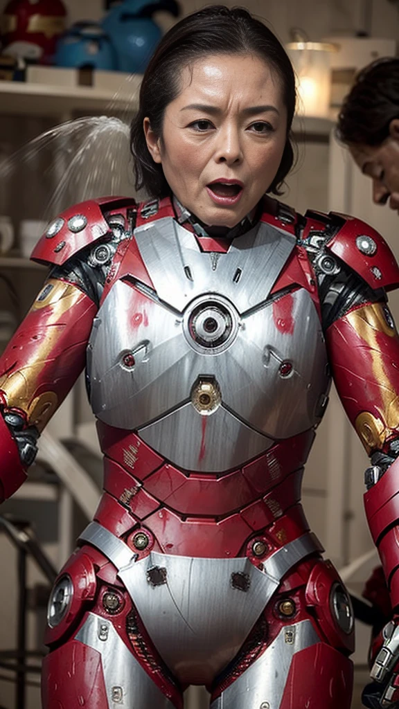 Middle-aged women　Sweaty face　Soaked Face　Painful expression　Steam coming out of the head　Humidity　Only the head is exposed　((Taking off the Iron Man suit))　　Steam from the body　lifted　The lower half of the body is an Iron Man suit