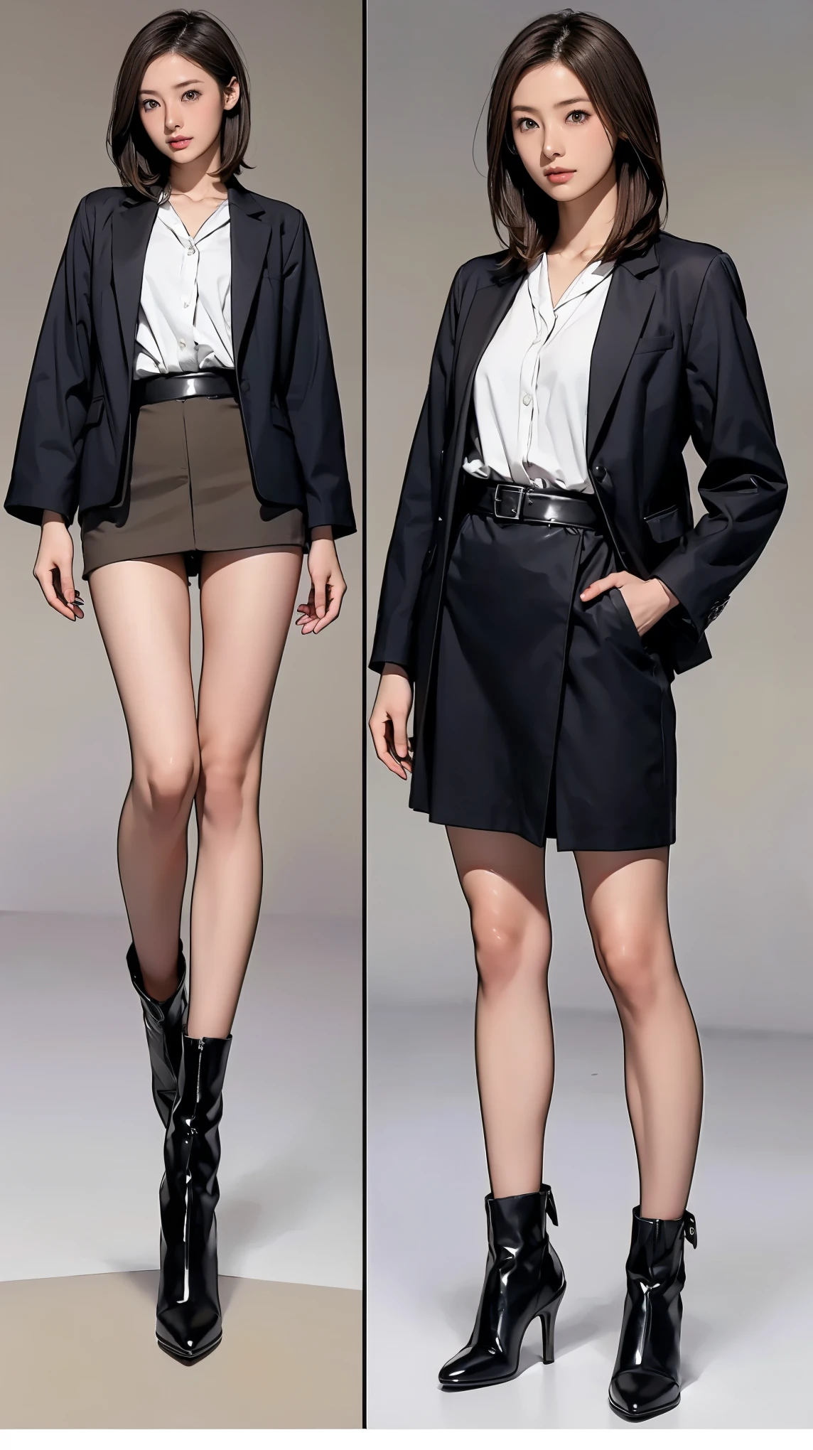 ((masterpiece)),(((Highest quality))),((Character design sheet)),Thin thighs,Long legs,Wearing a black jacket and white shirt、Wearing a super mini skirt，wear black tights，White panties exposed:1.5，Japanese women leaving the nest，Emi with long black hair:1.3), (Light brown hair:1.3), high waist，Wear black high heels，background is gray，whole body