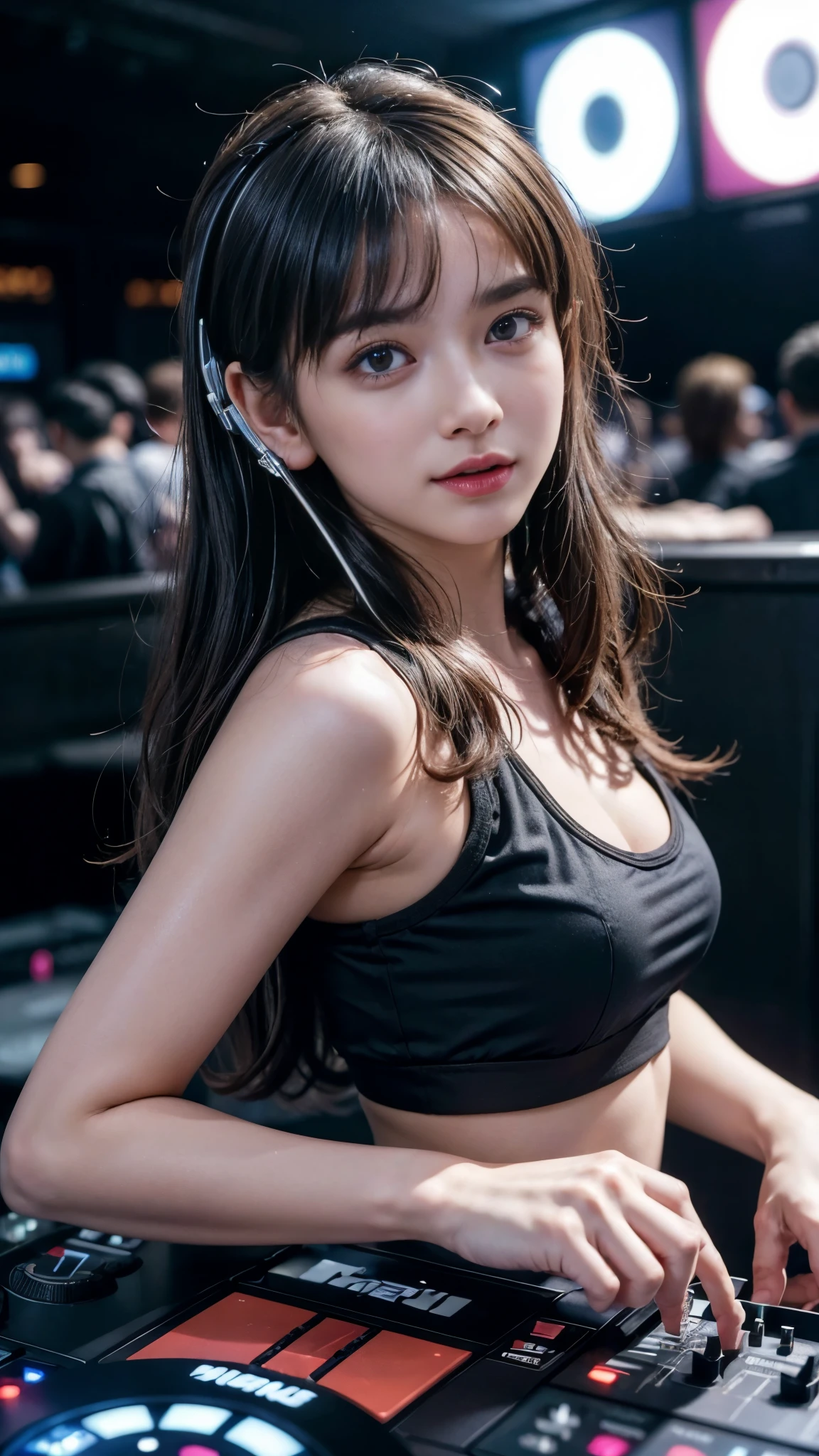 top-quality、超A high resolution、(Photorealsitic:1.4)、(ulzzang-6500:0.4)、Beautie、Korean Idols、18year old、length hair、Light brown hair、Hairstyle with clean waviness、small tits、very small breasts、Realistic eyes, Slender narrow eyes、Beautiful eyes、a smile、camisole、Tank tops、Wear a see-through shirt、Varnishcart、In the street、crouching down、slender、A slender、Slender body lines、Shot diagonally from above、Put the headphones around your neck