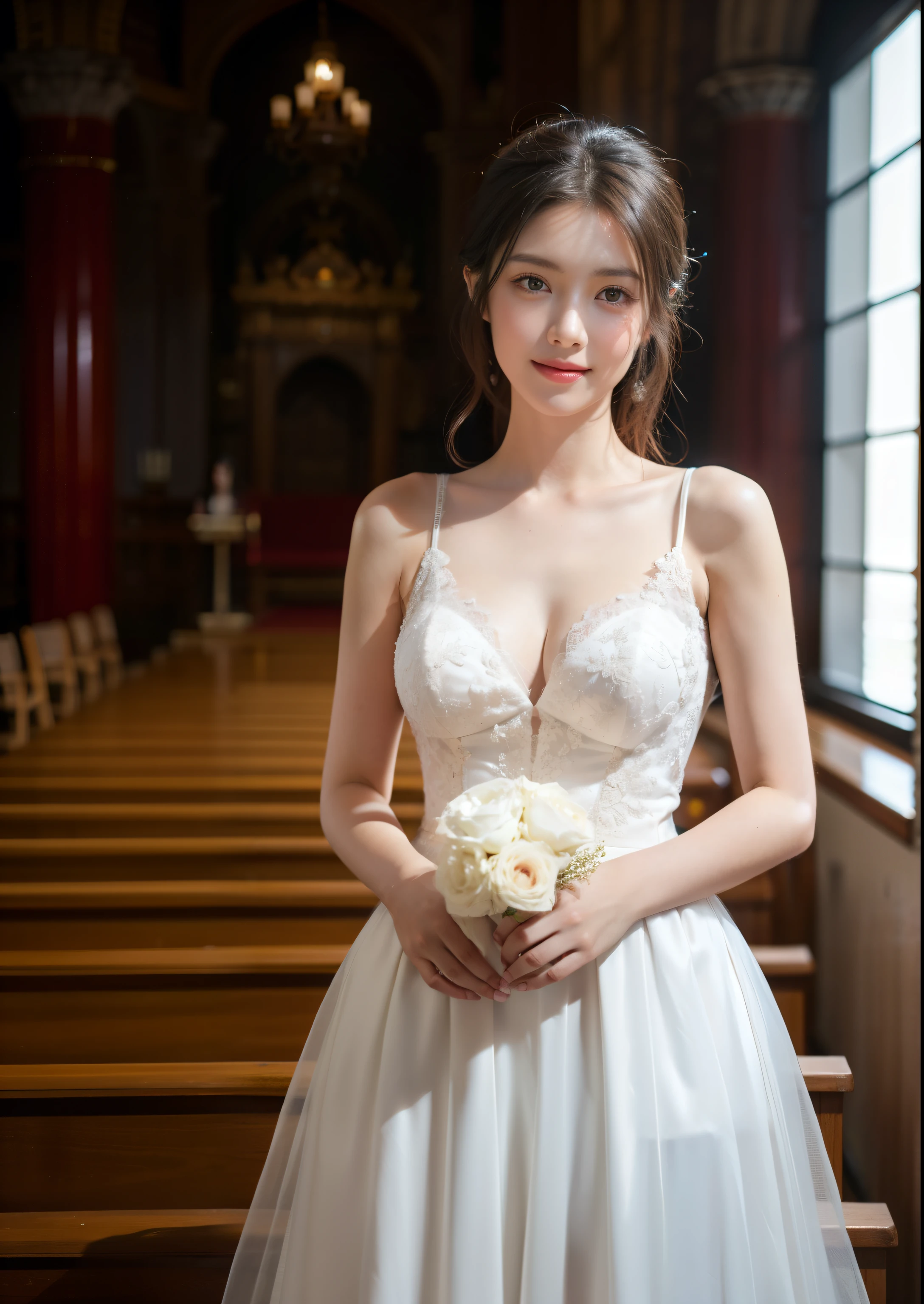 Beautiful 25 year old skinny woman。She wears a wedding dress. She is smiling in the light of the church night at romantic sunset time. Her dark brown hair. High resolution、masterpiece、Highest quality、頭w:1.0、((Hasselblad Photos))、Fine skin、(Cinema Lighting)、clavicle . Full body photo.