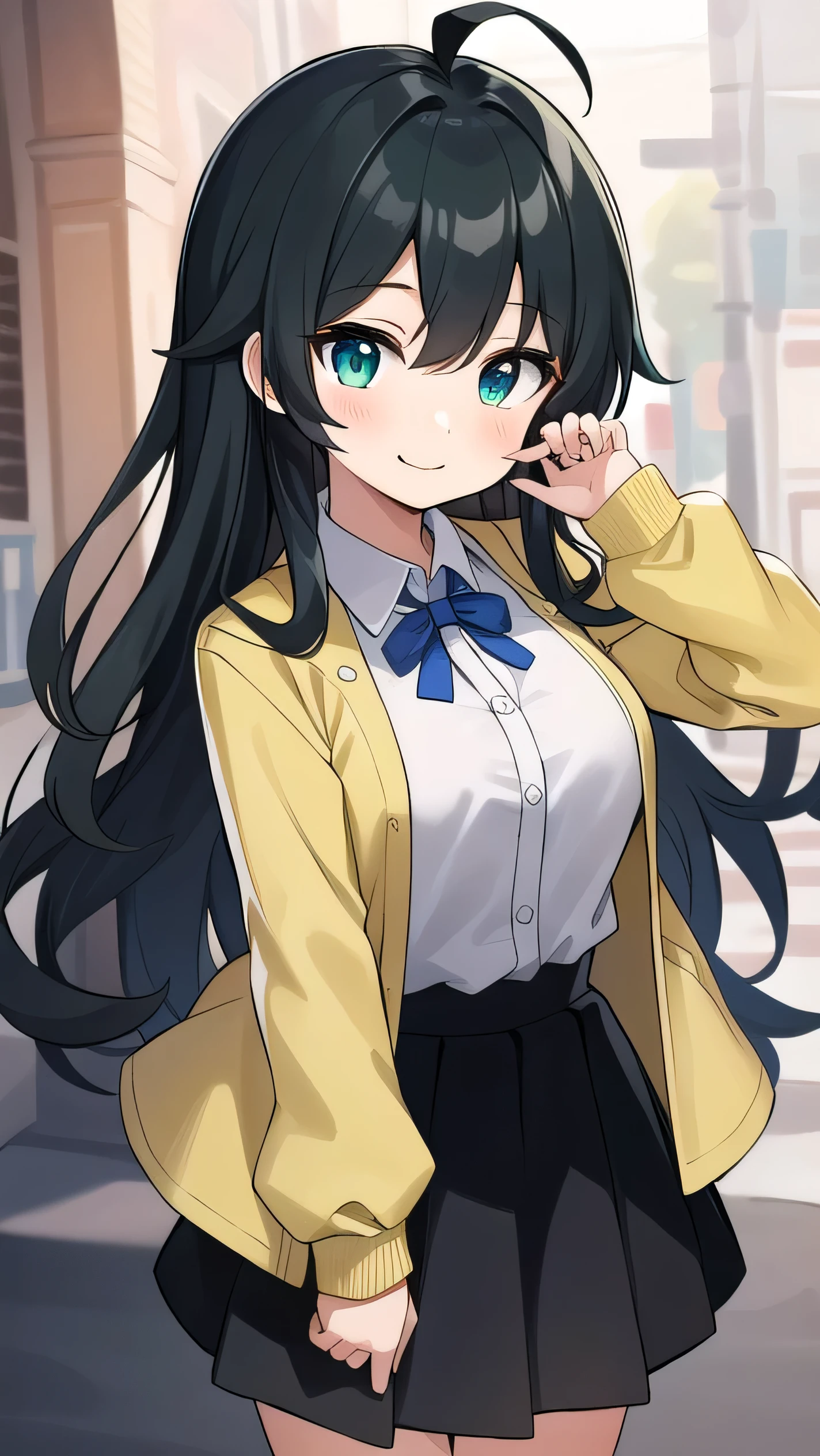 Junior high school student who looks like an elementary school student, 14 years old, very short, 140 cm tall, black hair with a slight green tinge, short ahoge, beautiful long hair but with a little hair sticking out, beautiful round eyes, blue eyes, smile, boyish, long sleeves, Thick clothes, skirt, big breasts, hair longer than waist, long hair, childish face, gentle smile, a little shy, black skirt, black hair with a slight green tinge, boyish, gentle smile, jacket one size larger, ( Deep greenish black hair: 1.3)