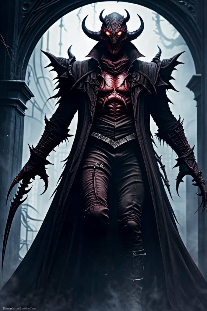 tall, slender figure with a white pointed, needle-like head, sharp red cloak, thin limbs, and wields a long, thread-like needle as a weapon.