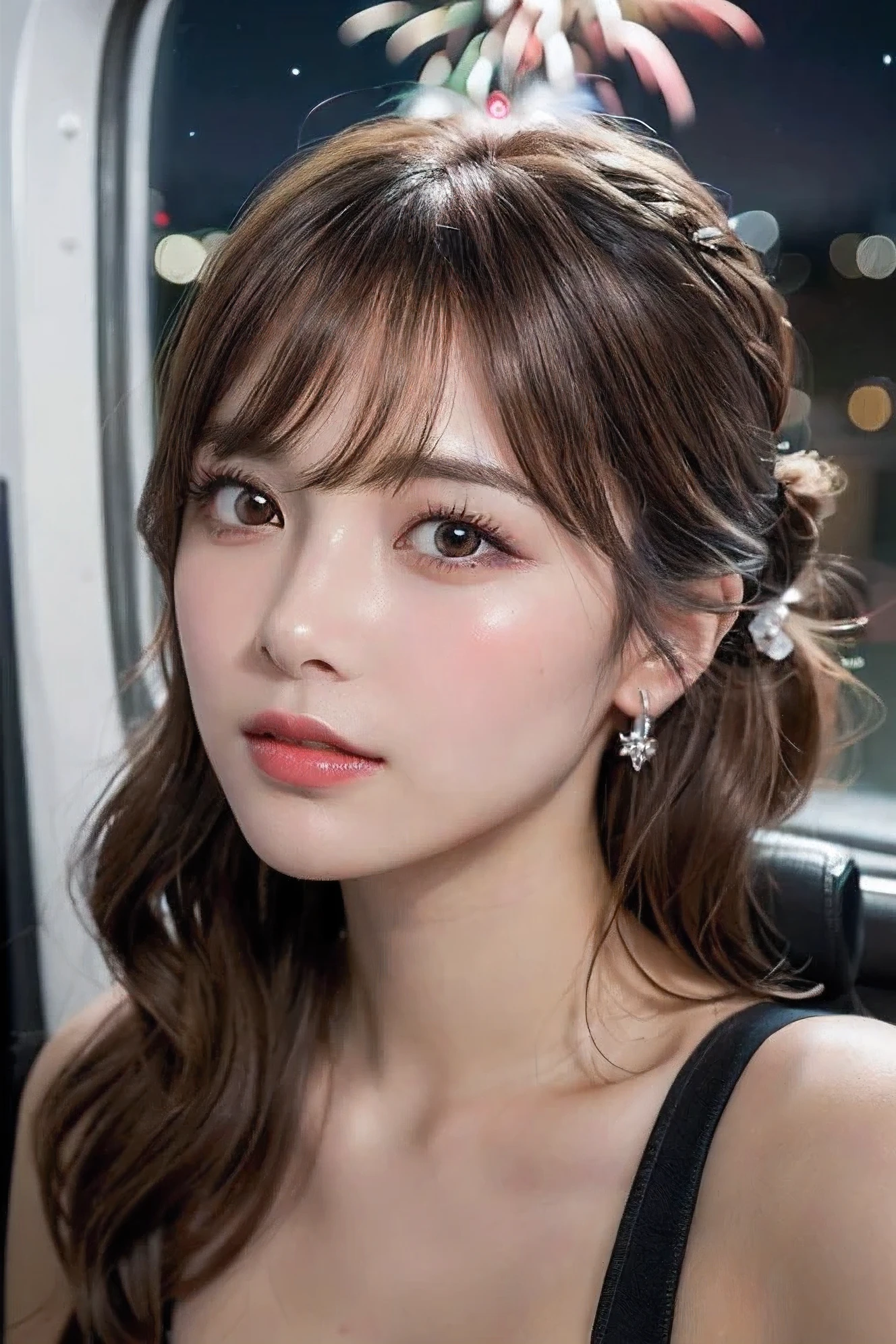 (masterpiece:1.3), high resolution, ultra detailed, extremely detailed CG unity 8k wallpaper, realistic, photo-realistic, RAW photo, beautiful detailed face, pale skin, realistic glistening skin, detailed cloth texture, detailed hair texture, Perfect body, Beautiful Face, accurate, Anatomically correct, Highly detailed face and skin texture, natural neck length, (beautiful hands), (fair skin:1.1), (well-aligned teeth:1.1), (Sweaty skin:1.2), 
BREAK, 
Detailed eyes, symmetric eyes, Light Brown eyes, Double eyelids, Thin eyebrows, (Glossy lips:1.4), ((A face with waiting for a kiss:1.2)), (blush:1.1), (A sparkling small hair accessory:1.1), 
BREAK, 
(A classy and Cute woman1.3), (nude, nsfw, nipple:1.4), 
BREAK, 
medium large breasts, slender figure, firm abs, 
((updo hairstyle, Dark blonde hair, wavy hair, long hair, asymmetric bangs:1.2)),  (Close up shot:1.2), (looking at viewer), beautiful smile,  From above, 
BREAK, 
((Sitting side by side on the backseat of a flying helicopter)), (((A view of skyscrapers outside the window at Night:1.3))),
