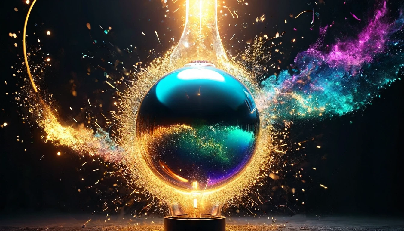 In the center, place a shiny round light bulb surrounded by the explosive burst of fine powder in 3D, where each particle glows with a metallic sheen. The colors should spread dynamically across a solid black backdrop, creating a striking contrast and emphasizing the brilliance of the metallic elements.