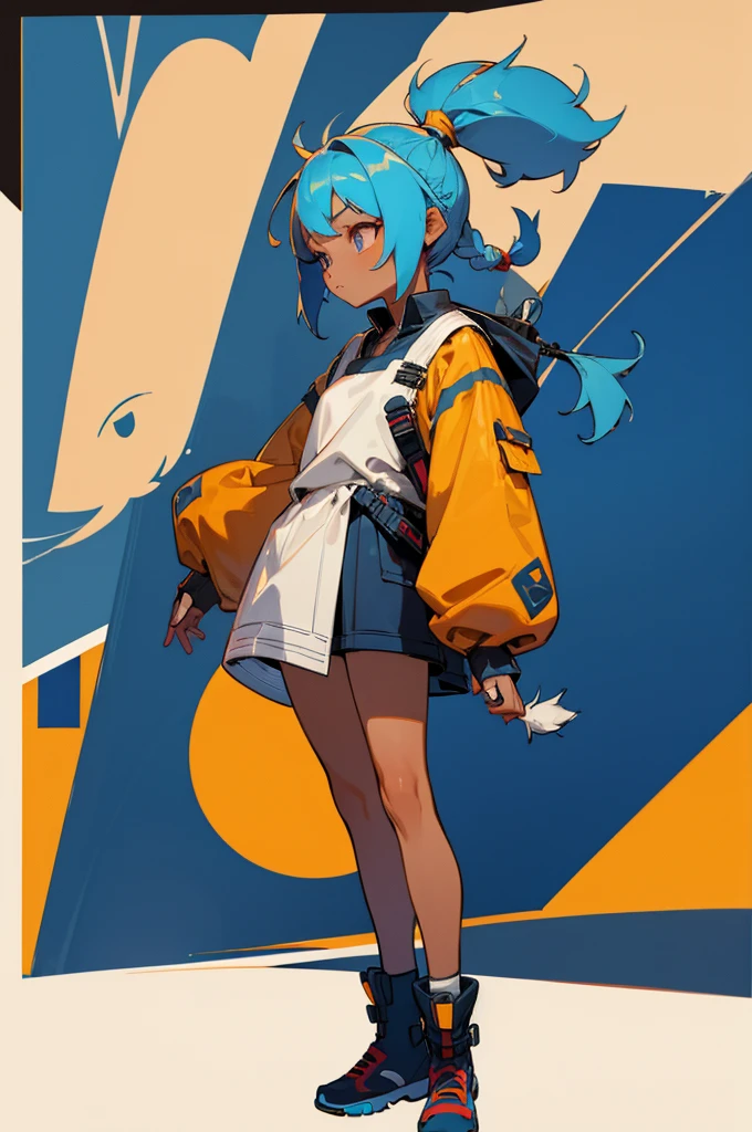 1girl, tan skin, ombre blonde to blue hair, pigtail braids, spider girl, 4 eyes, clothing design, tomboy, standing