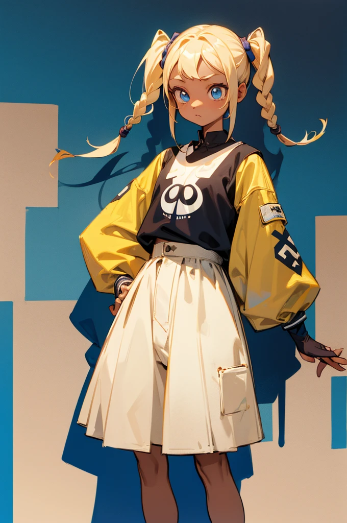 1girl, tan skin, ombre blonde to blue hair, pigtail braids, spider girl, 4 eyes, clothing design, tomboy, standing