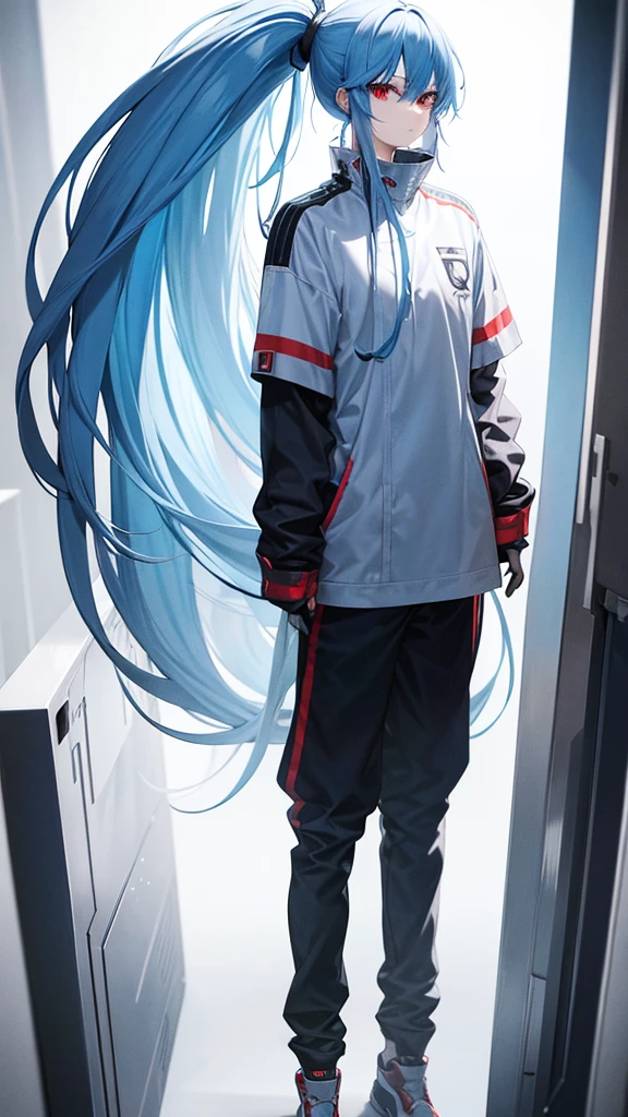 Light blue hair, white background, full body, standing, red eyes, cyber clothes, cool, slanted eyes, ponytail, long hair