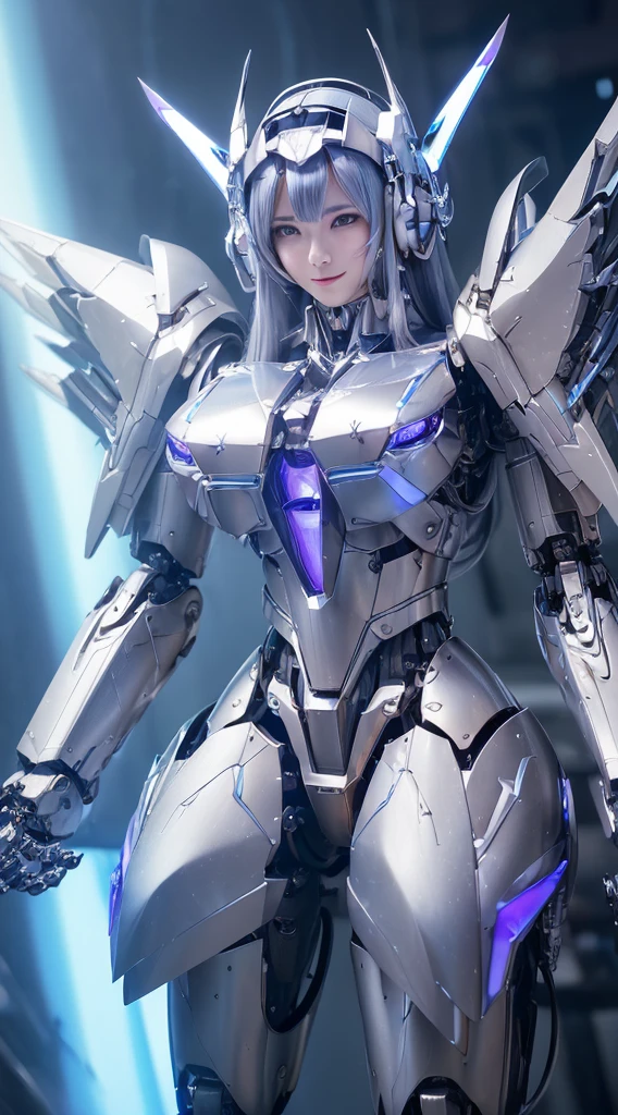 ((Intense action pose:1.6))、((Shining lenses on both breasts:1.3))、((Blue pillars of light are emanating from both chests.:1.3))、smile、((8K)), ((32k)), ((Highest quality)), ((masterpiece)), ((超A high resolution)), ((Tmasterpiece)), ((Halation:1.4))、((Mechaニカルheadgear:1.2))、((Cyber headphones:1.3))、Fine skin, High quality fabric, Fine metal texture、((Beautiful and dense face))、RAW Photos、Professional, Ultra-fine painting, ((alone)), Beautiful breasts、Highest quality, Very detailed, Very detailed詳細, Finer details, so beautiful, ((Princess Knight Robot:1.2)), (Joints of machines, Mechanical Limbs:1.3), (The internal structure of the machine is exposed:1.3), (Long silver hair:1.1), (Beautiful and huge mechanical breasts)、White Veil, cowboy_shot, Side Focus, headgear, Shiny、(Five Fingers, Four fingers and thumb),Concept Art, Anime fantasy artwork, Detailed fantasy art, (with pale blue-violet hair and large white wings,,,,,,,), (((Long silver hair))), (Mecha:1.6)、Sleek and intimidating design, ((Commander-in-Chief'arm)), (Perfect robot body)、純白と青紫armまたは, Symmetrical wings, 8K high quality, detailed art, 3D rendering of character art in 8K, neat legs, Defined, Defined fingers,
