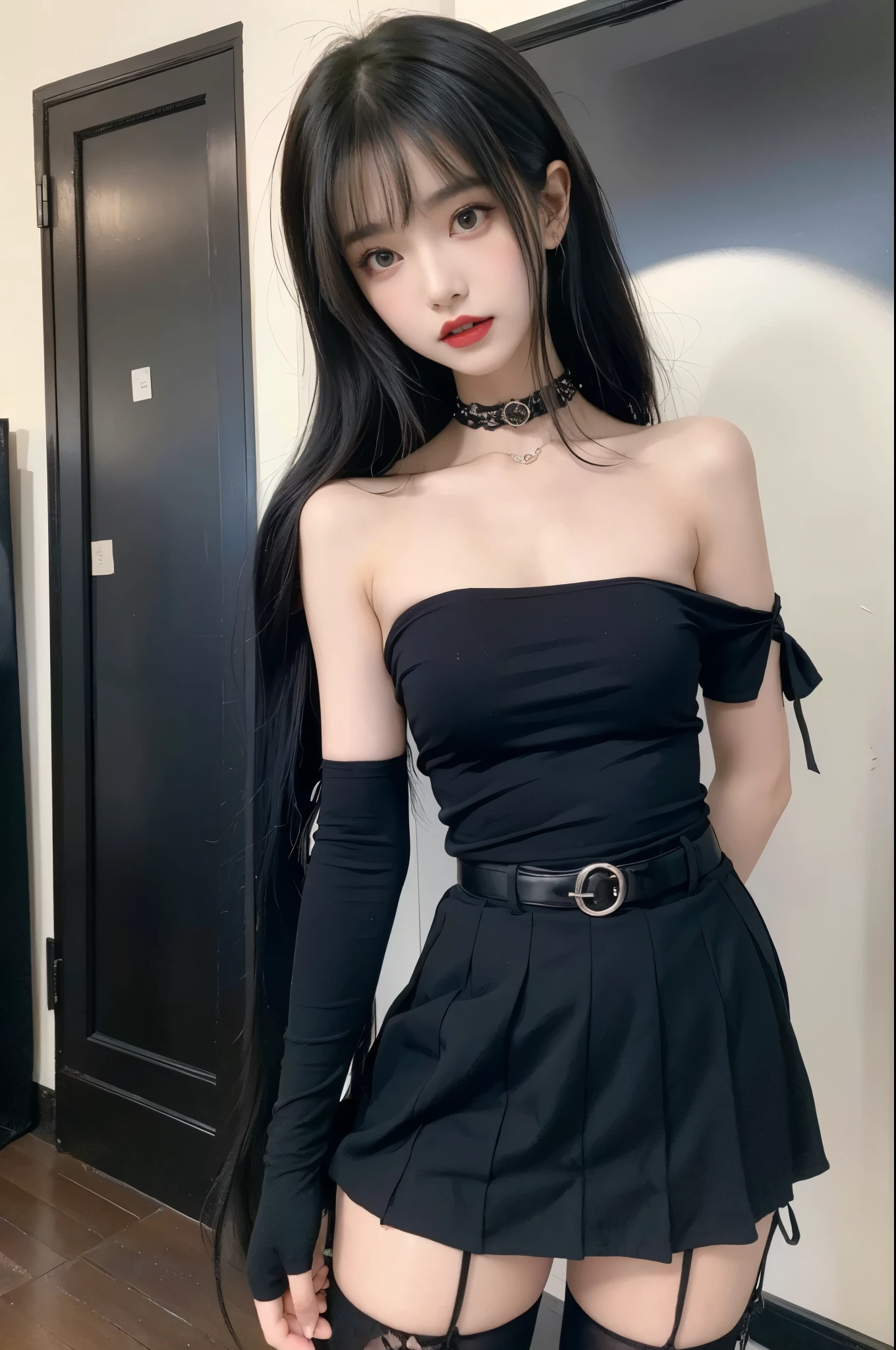 edgpskirt,wearing edgpskirt,punk skirt (( shoulder)), Double eyelids，Skin Whitening，Long hair，Whitening long legs，Standing by the sea, Fashion Girl, Red lips, Sweet Girl, Beautiful makeup, detail, lifelike, Very detailed, Astonishing, beautiful, Young and energetic, high quality，HD, Colorful， Beautifully, Smooth skin, The skirt is very short, Official Art, Extremely detailed, Movie atmosphere, Soft colors, Natural skin texture, Random scene, random shooting Angle, Black over-the-knee socks, lace hem