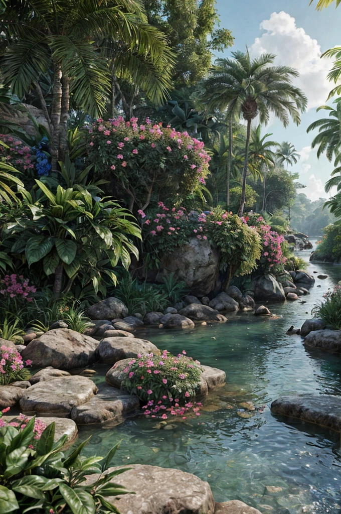 unreal engine 5 render, jungle, river, flowers, extremely detailed, colorful, roses, blue sky, sun