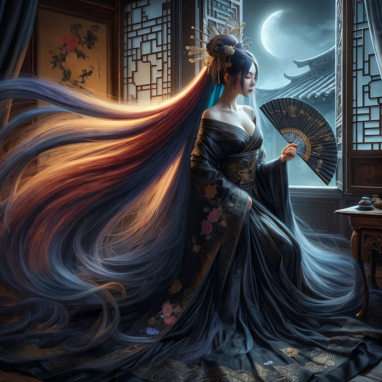An ultra beautiful Asian woman long red-golden blue hair, holding a very ultra ornate long black ancient liquored Asian fighting fan, wearing a long black Chinese womans dressing gown, in a darkened room of moonlight streak in through the opened balcony window, Chinese garden, night sky, black ink, in the style of Caravaggio, Fan Zhongzheng, and Da Vinci, 8k resolution, hyperdetailed, photorealistic, an oil painting art style, Sfumato,