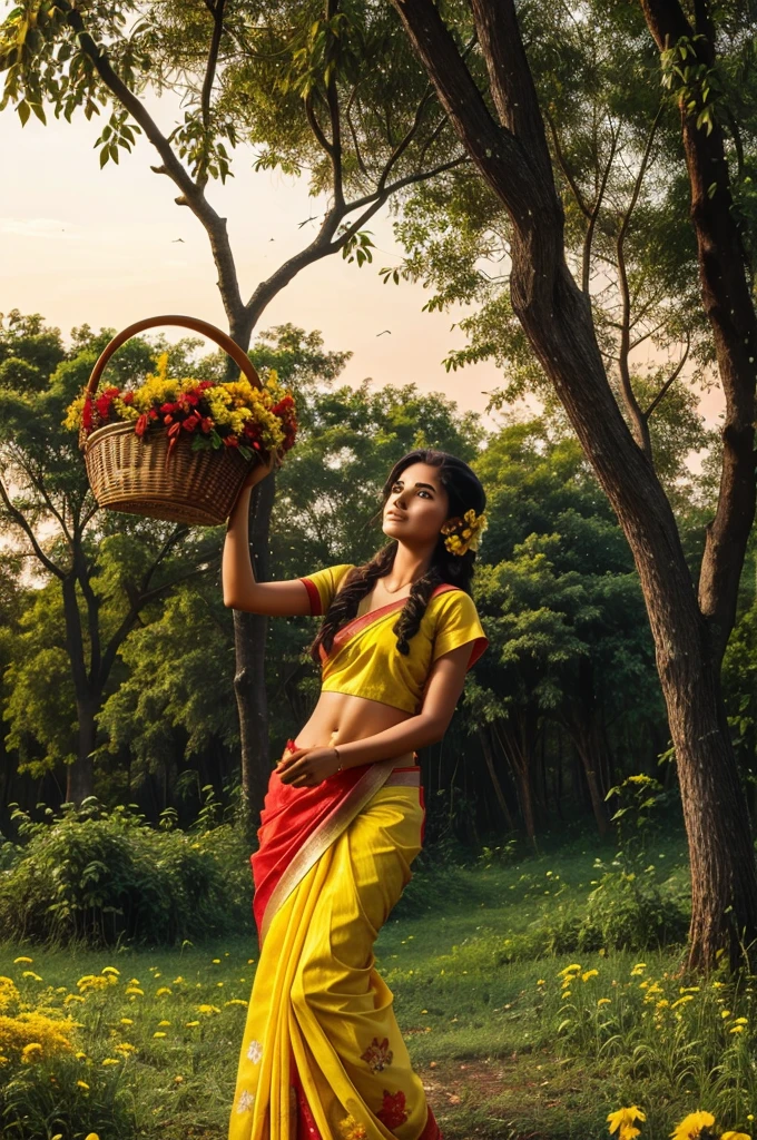 A beautiful forest with yellow and red sky ,birds flying, flowers on the tree ,girl in a saree plucking flowers from the tree and holding a basket full of flowers