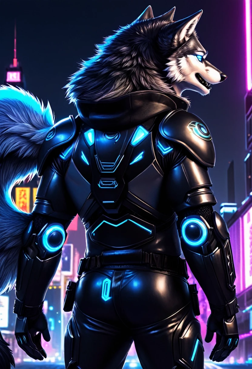 a close up of a person in a black suit with a wolf on his back, cyberpunk art inspired by Wolf Huber, Artstation contest winner, furry art, wolf armor, an anthropomorphic cyberpunk fox, husky in shiny armor, anthropomorphic wolf, an anthropomorphic wolf, 8k high quality detailed art, wolf o'donnell
