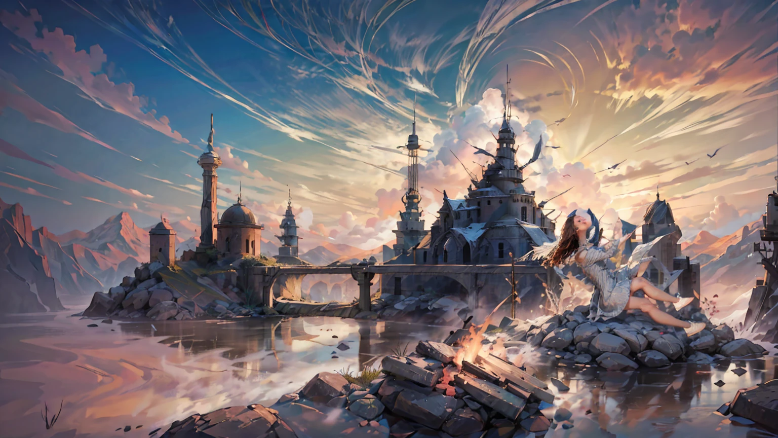 Landscapes, battlefields, broken buildings, stones, bricks, bodies, bodies with swords and arrows in them, blood, smoke, fire, blue-gray sky, white clouds; Angels in the sky, put their hands together, close their eyes, sing,Angel with white wings, battlefield, Dead body lying on the ground, sword, Spear, White Cloud, Flame, Illustration style, 8k, super detail，Sunshine, Looking Angle，