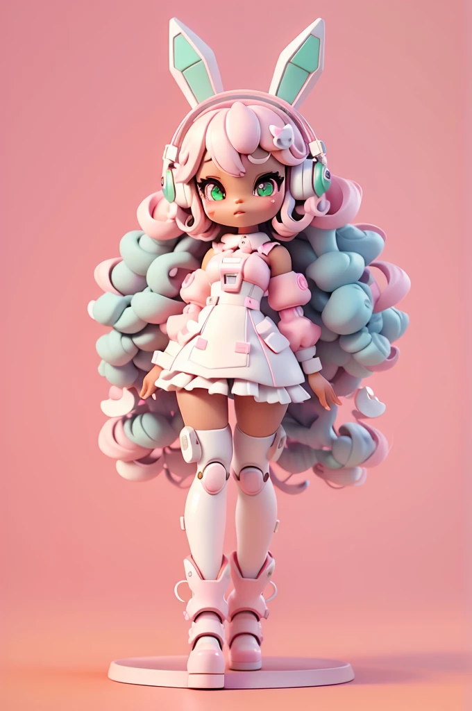 (full body);Create a series of cute black afro dolls chibi style afro skin; cyberpunk style; 3d; cute; 3d toy art; toy art; anime style; glitter; color pink; color white; Bunny details; cyberpunk details; robot limbs; wavy and curly hair; eyes must be large and apathetic, with long eyelashes and slightly pinkish cheeks; mechanical bunny eared headset; use all of the colors listed: pink, white, green, yellow, and orange; she must secure robot bunnies; mechanical boots; 3d toy art; toy art; anime style; glitter; gundam mechanical suit; cyborg style; wires