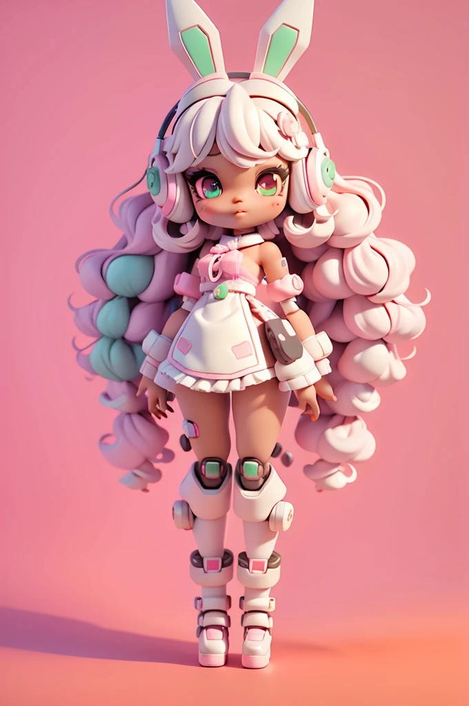  (full body);Create a series of cute black afro dolls chibi style afro skin; cyberpunk style; 3d; cute; 3d toy art; toy art; anime style; glitter; color pink; color white; Bunny details; cyberpunk details; robot limbs; wavy and curly hair; eyes must be large and apathetic, with long eyelashes and slightly pinkish cheeks; mechanical bunny eared headset; use all of the colors listed: pink, white, green, yellow, and orange; she must secure robot bunnies; mechanical boots; 3d toy art; toy art; anime style; glitter; gundam mechanical suit; cyborg style; wires