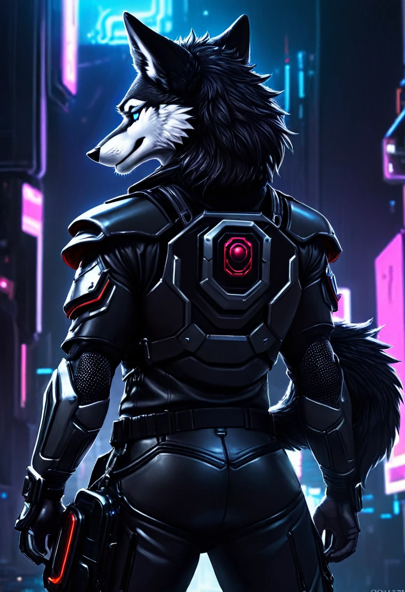 a close up of a person in a black suit with a wolf on his back, cyberpunk art inspired by Wolf Huber, Artstation contest winner, furry art, wolf armor, an anthropomorphic cyberpunk fox, husky in shiny armor, anthropomorphic wolf, an anthropomorphic wolf, 8k high quality detailed art, wolf o'donnell
