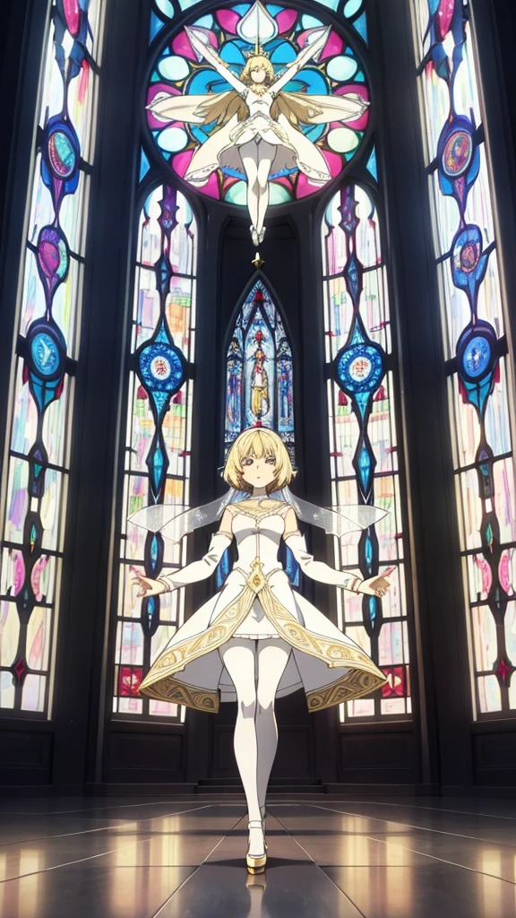 1girl ,20s,light blonde hair,short hair,white high heels,white pantyhose,pointy ears,church, stained glass, in a glowing dress, fantastical, illuminated, serene, majestic, colorful, reflective, ethereal, spiritual, tranquil, vibrant, intricate, patterned, ornate, mystical, elegant, shimmering, radiant, graceful, peaceful, historic, sacred, artistic, dreamy, whimsical, solemn, enchanting, divine,Wedding veil, holding a crucifix with both hands