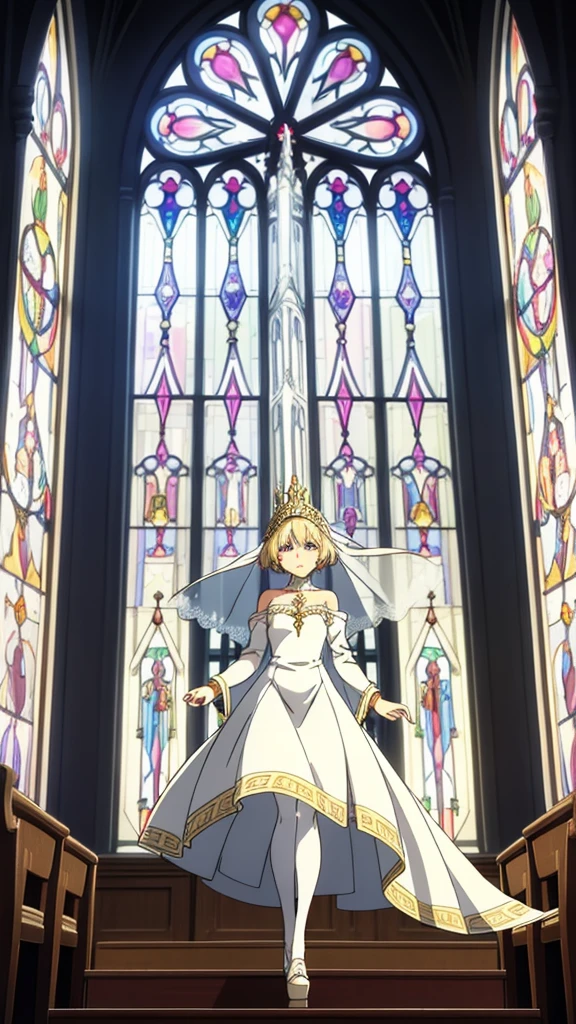 1girl ,20s,light blonde hair,short hair,white high heels,white pantyhose,pointy ears,church, stained glass, in a glowing dress, fantastical, illuminated, serene, majestic, colorful, reflective, ethereal, spiritual, tranquil, vibrant, intricate, patterned, ornate, mystical, elegant, shimmering, radiant, graceful, peaceful, historic, sacred, artistic, dreamy, whimsical, solemn, enchanting, divine,Wedding veil, holding a crucifix with both hands