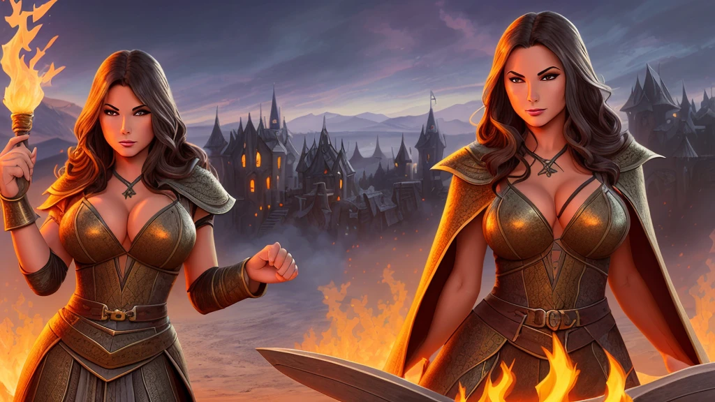 4K Illustration, comic art, destroyed fantasy village, fire, smoke, dynamic spell casting action pose, a high definition image of a young gorgeous Crissy Moran, angry,  mini medieval wizard robe, lips parted, smooth bob hair, perfect , beautiful make-up