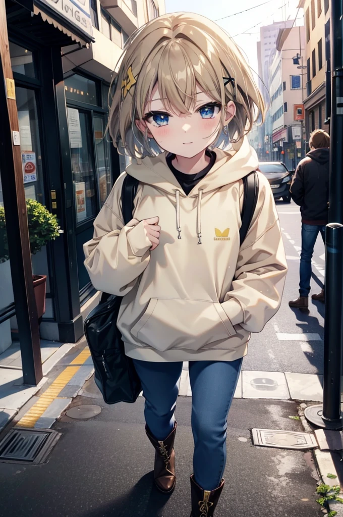 Hayate Yagami, short hair, blue eyes, Brown Hair, hair ornaments, x hair ornaments,happy smile, smile, Close your mouth,blush,Oversized yellow hoodie,jeans,short boots,Walking,whole bodyがイラストに入るように,Daytime,Cold Sky,
break outdoors, Building district,
break looking at viewer, whole body,
break (masterpiece:1.2), Highest quality, High resolution, unity 8k wallpaper, (figure:0.8), (Beautiful attention to detail:1.6), Highly detailed face, Perfect lighting, Highly detailed CG, (Perfect hands, Perfect Anatomy),