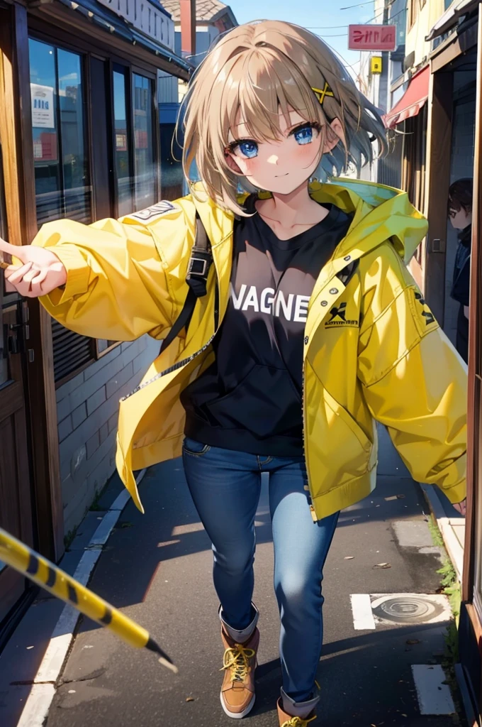 Hayate Yagami, short hair, blue eyes, Brown Hair, hair ornaments, x hair ornaments,happy smile, smile, Close your mouth,blush,Oversized yellow hoodie,jeans,short boots,Walking,whole bodyがイラストに入るように,Daytime,Cold Sky,
break outdoors, Building district,
break looking at viewer, whole body,
break (masterpiece:1.2), Highest quality, High resolution, unity 8k wallpaper, (figure:0.8), (Beautiful attention to detail:1.6), Highly detailed face, Perfect lighting, Highly detailed CG, (Perfect hands, Perfect Anatomy),