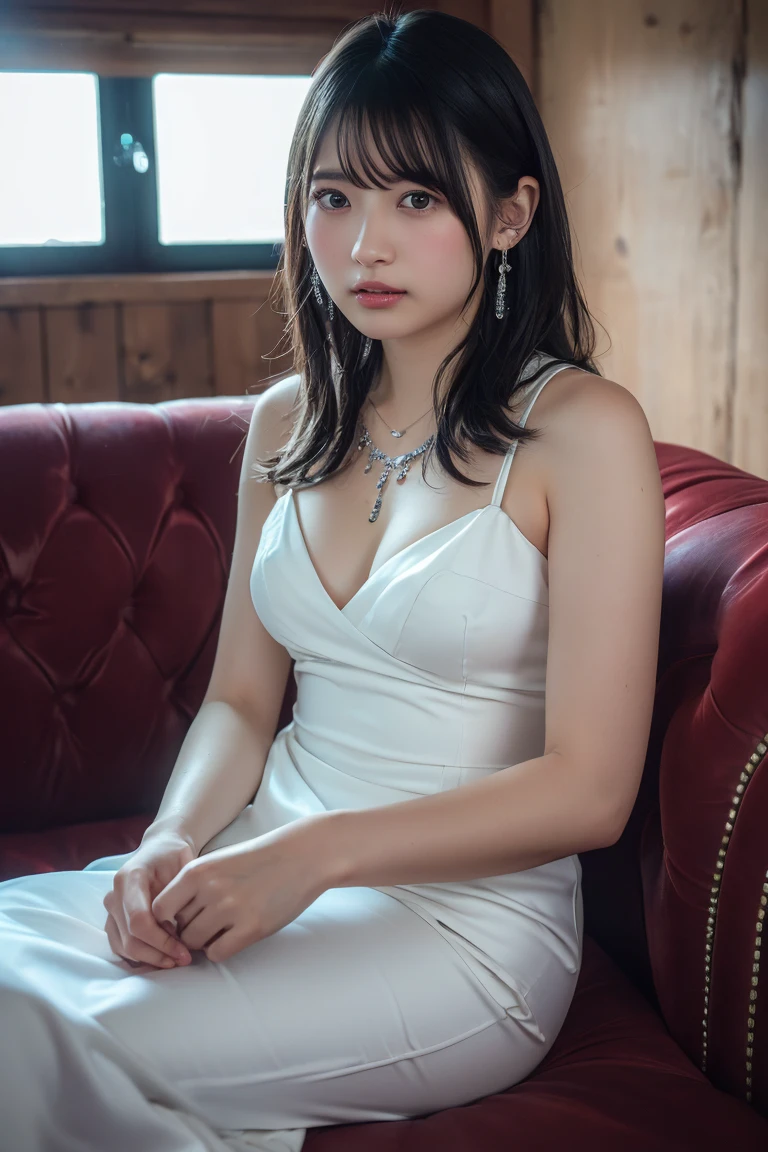 (Highest quality:1.4),(masterpiece:1.4),(Realistic:1.4),(Realistic:1.2),(超High resolution, RAW Photos:1.4),(High resolution, Very detailed:1.2),(8K:1.2),View your viewers,Cinematography,One Girl,skeletally correct,(Black Hair,Small earrings,necklace,White Mermaid Dress,View from the front),(Inside the Western-style building,Dimly lit room,The lamplight shines on my cheeks)