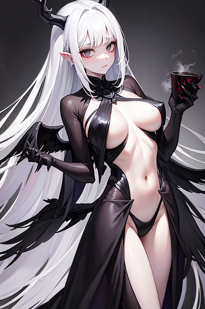 Izanami Demon of death, appearance of a 26-year-old woman, very elegant and expensive black dress, totally black eyes, dark gray flesh and blood, very pale skin, light gray hair, black claws, sharp gray teeth, great beauty ,dark gray deer antlers on her head,she is about 255 cm tall,she has 2 bone wings on her back,serious expression,very good body,Pamela elegant black color and face,Expensive and elegant black heels,Power ∞, Stamina ∞, Physical abilities ∞, Immunity to anything, Absolute control over death, Serious and elegant attitude, somewhat expressionless, neutral, somewhat insensitive, Axesual, Aromantic, Age 80, Dark divinity, Conceptual demon, Real age eons, Cup breasts K of 122 cm,xexi,Nude, Oiled body