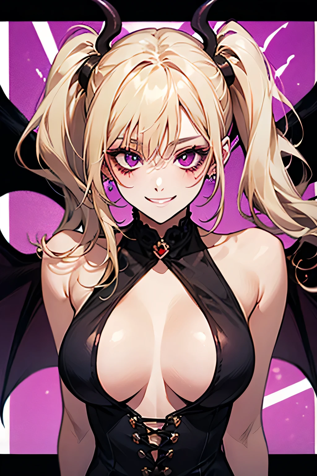 Succubus,Twin tails,Provocative smile,Blonde,Purple devil wings,One devil's tail. Las Vegas background.