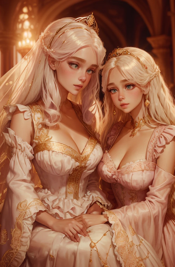White Blonde hair, fluffy hair, stylish hair, long hair, lilac eyes, perfect eyes, beautiful, perfect face, tween, dainty , short, kind, curvy, a flowing pale airy gown with ruffles along the bottom with tiny pink flowers and gold dragon embroideries with flowers, Her tiara had a pretty teal gemstones, silver necklace, noble class, royal, royalty, red castle, feasting hall, medieval, elegant surroundings, soft dewy makeup look, light peach blush, soft tan eyeshadow, light coral lipstick, cutesy, girlish, girly, guileless, ingénue, princess , whimsical lighting, Targaryen, dragons in the sky, photorealistic