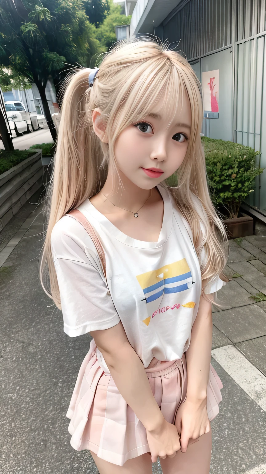 Sunburn marks on tanned skin、blush、Blonde twin tail hair,A cute -yeld giwith a cute look, A strong wind blows my hair in front of my face、Beautiful big sparkling eyes, Cute eyes hidden by long bangs、Yawn、No visible nasolabial folds、A short, light-colored miniskirt、A summer shirt with cute colorful patterns、Korean Beauty、Cheeks