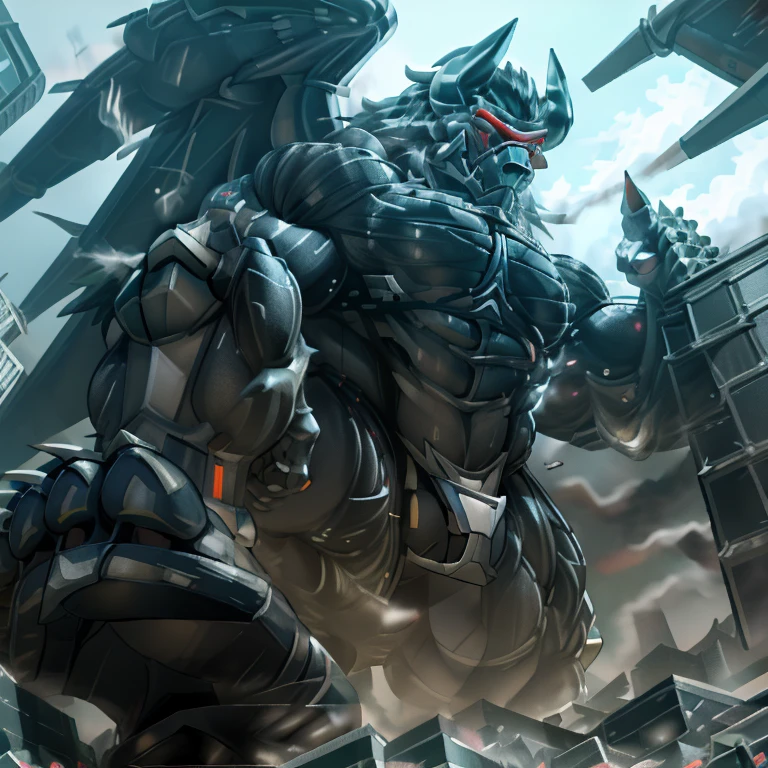 (masterpiece. official art. 8k. best quality. detailed full body. full body.)
(situation 1 : dominating demon lord dragon batzz. focus GIANT mechanical Muscular demon lord dragon batzz is trampling the CITY. macro. stomp. Low-angle perspective. emphasizing the immense size. The perspective is from below, emphasizing the sheer majesty and power of the Giant. giant art. He is much bigger than a skyscraper. Giga Giants. micro soccer field. looking down.)

(situation 2 :smoke and flames rising from the destruction in the city)

(Additional details 1: wearing a full-face helmet. helmet is jet black. The color of NANOSUIT is jet black. high-tech bio-mecha armor. real texture material. whole body shines like metal. Wearing cyberpunk mecha. emphasizes the muscles. suit fully made of metal. intricate armor. Robotic suit. suit fully made of metal. NANOSUIT with the same design as demon lord dragon batzz.). (demon lord dragon batzz has 5 toes.)

(Additional details 2: (Detailed head. Detailed Body. Detailed abs. gigantic muscles. HYPER MUSCLES. Gigachad Muscular. big muscle. pecs. triceps. traps. unusually developed muscular body. body full of huge muscles. showing off muscles. pectorales enormes. Exaggeratedly huge muscles. huge muscles. long legs.).

(Additional details 3: nj5furry, Spread wings. It has wings. black have big wings. The claws are sharp. Sharp teeth.5 toes.). 